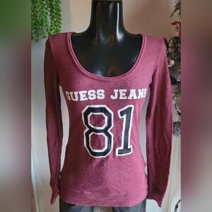 Guess Burgundy Long Sleeve Scoop Neck Top M